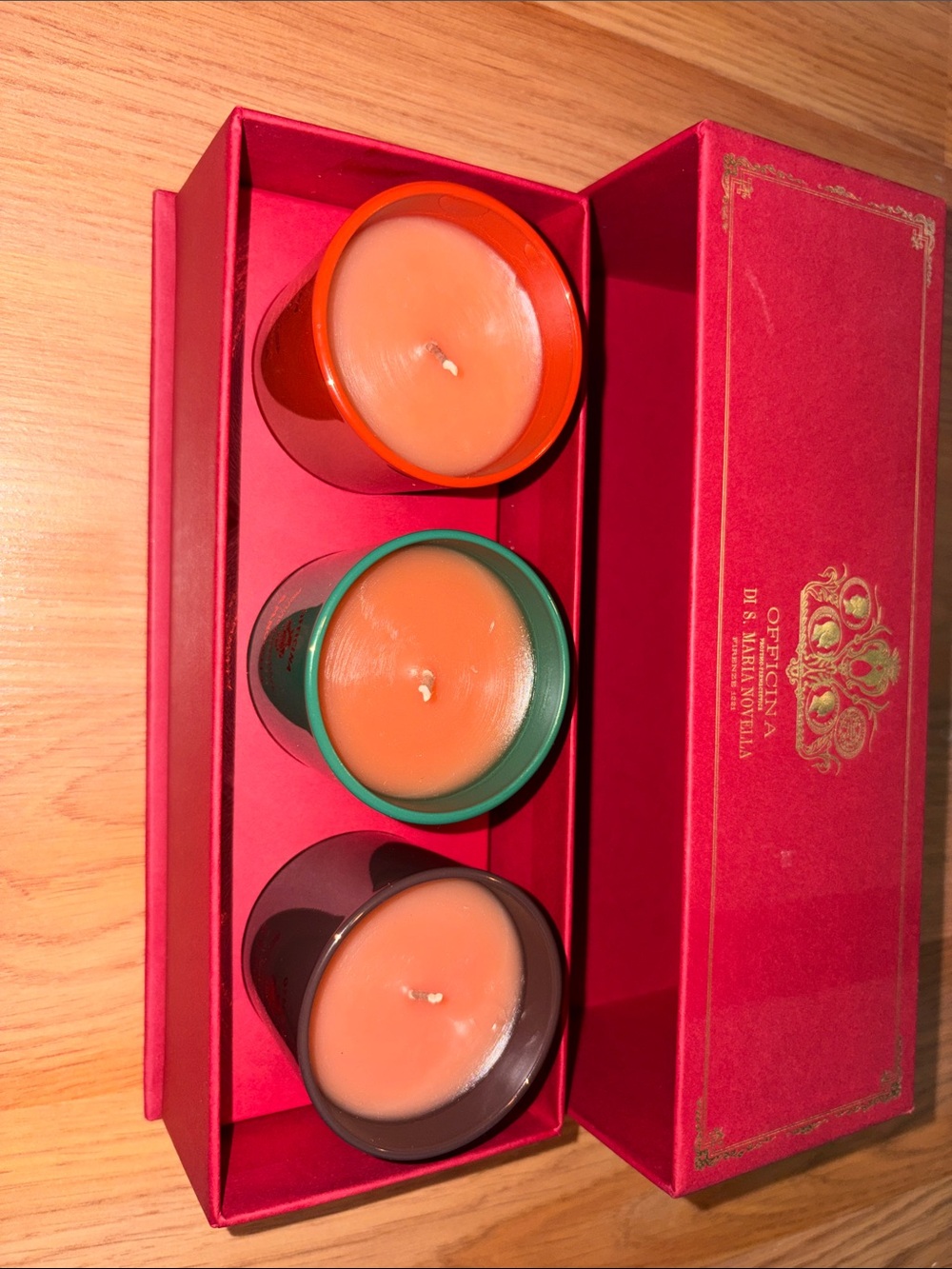 Red Gift Box of Three Scented Candles (Orange, Teal, Brown)
